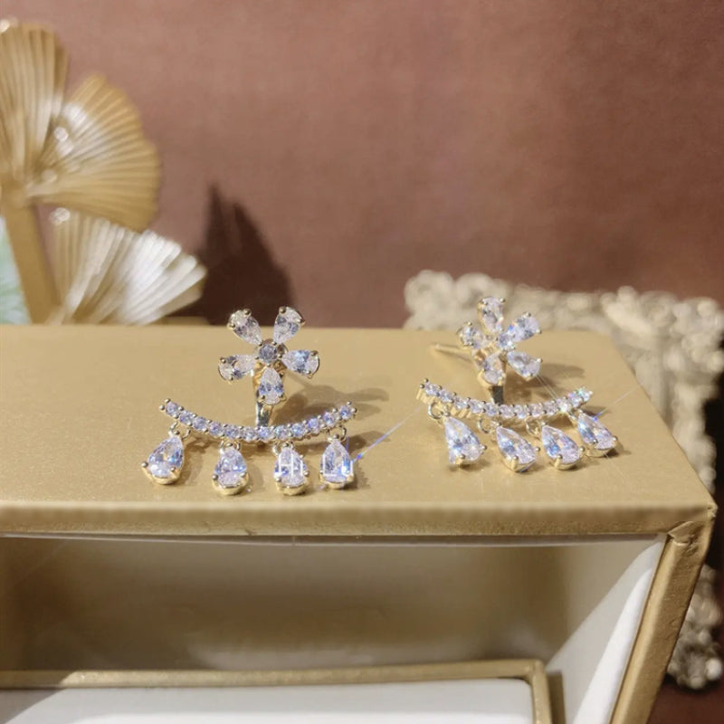 Flower Zircon Tassel Stud Earrings