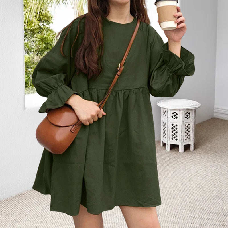 Long Sleeve Pleated Mini Cotton Linen Dress