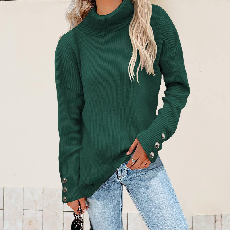 Turtleneck Knit Button Solid Sweater