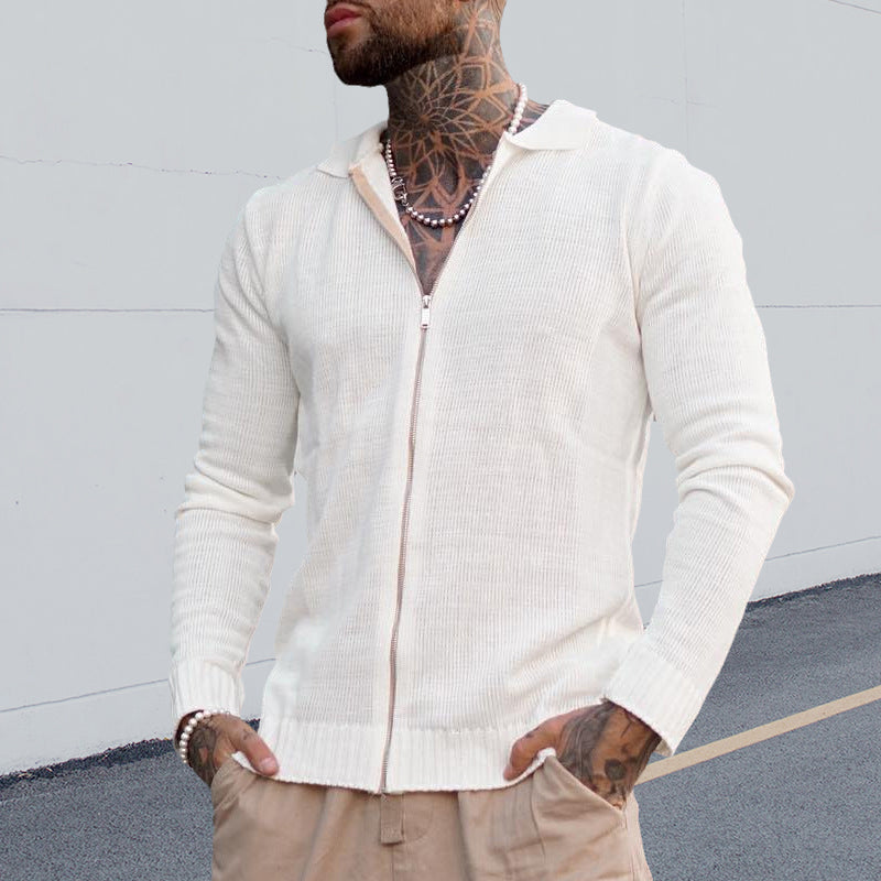 Men's White Long Sleeve Casual Fashion Zip Knit Sweater