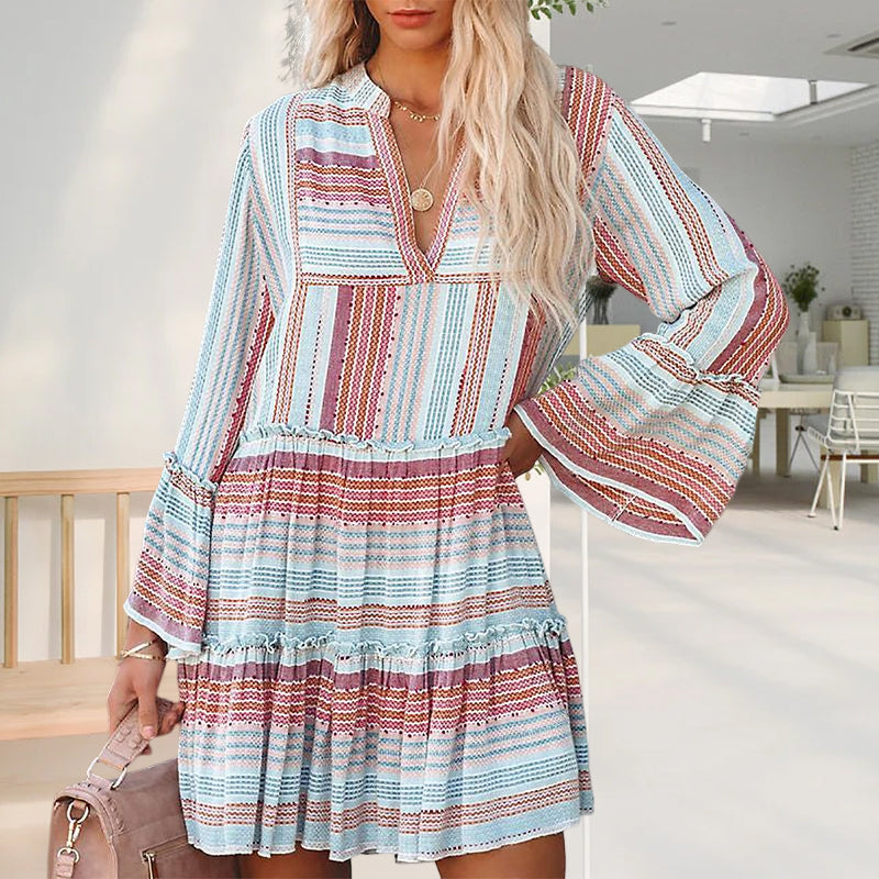 Printed Long Sleeve V-Neck Panel Casual Dress