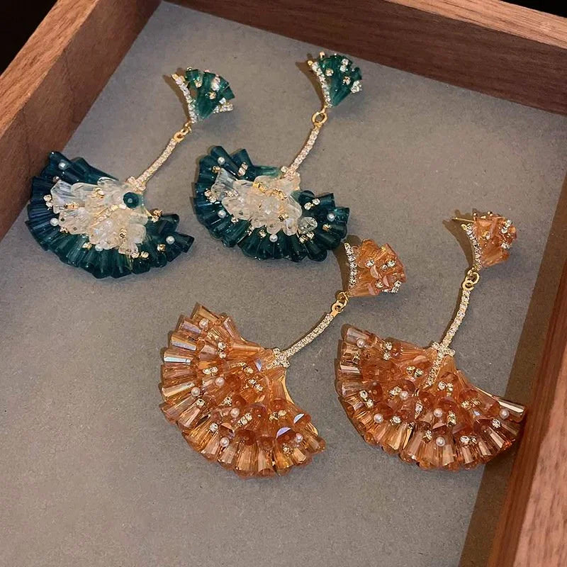 Diamond Encrusted Crystal Fan-Shaped Ginkgo Leaf Earrings