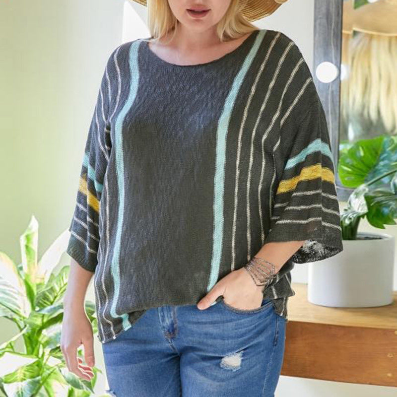 Colorblock Striped 3/4 Sleeve Knit Sweater