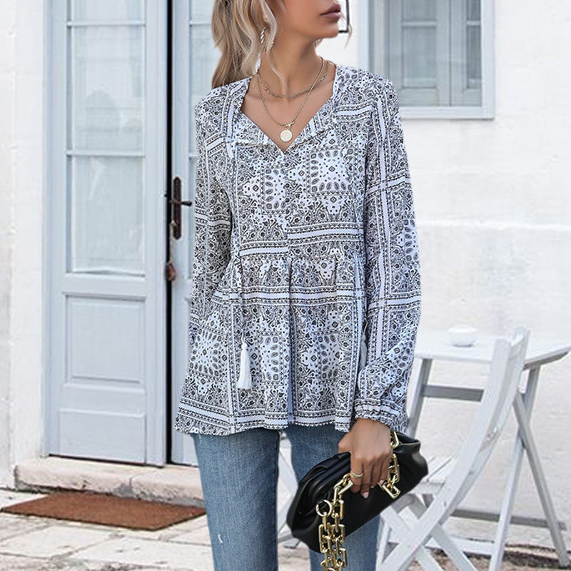 Women's Long-sleeved Printed V-neck Fringed Shirt