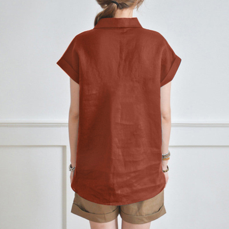 Elegant Loose V-neck Cotton Linen Short Sleeve Shirt