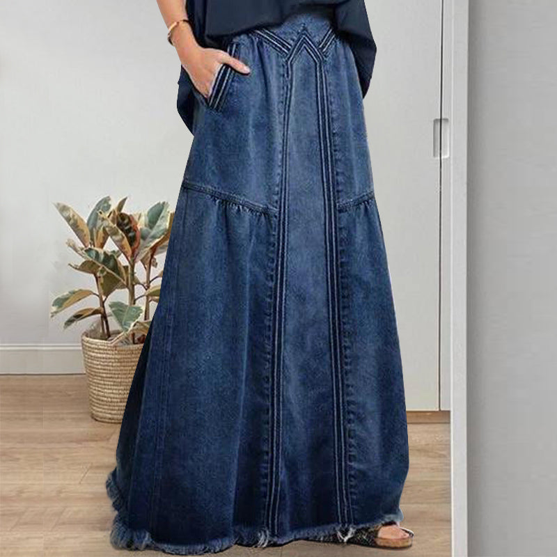 Women Distressed Solid Color Elastic Waist Loose Denim Skirt