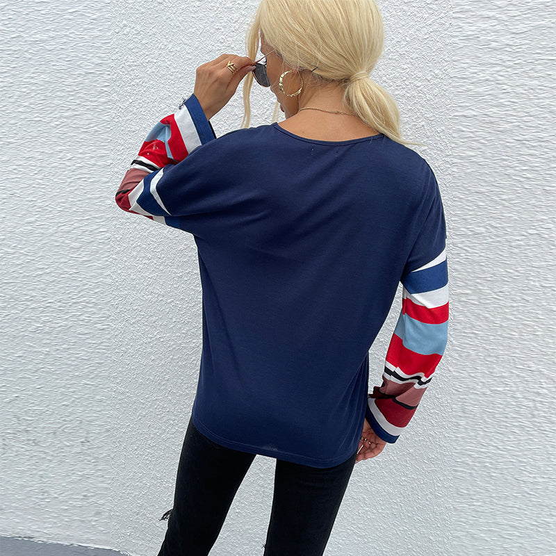V-Neck Striped Sleeve Top