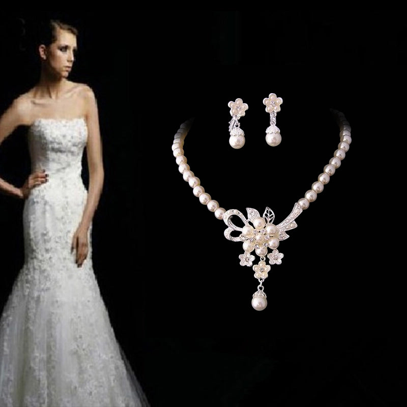 Crystal Diamond Pearl Necklace And Earring Set