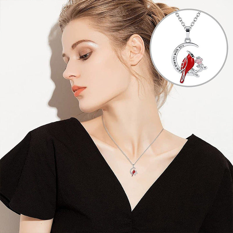 Red Cardinal With Rose Pendant Necklace