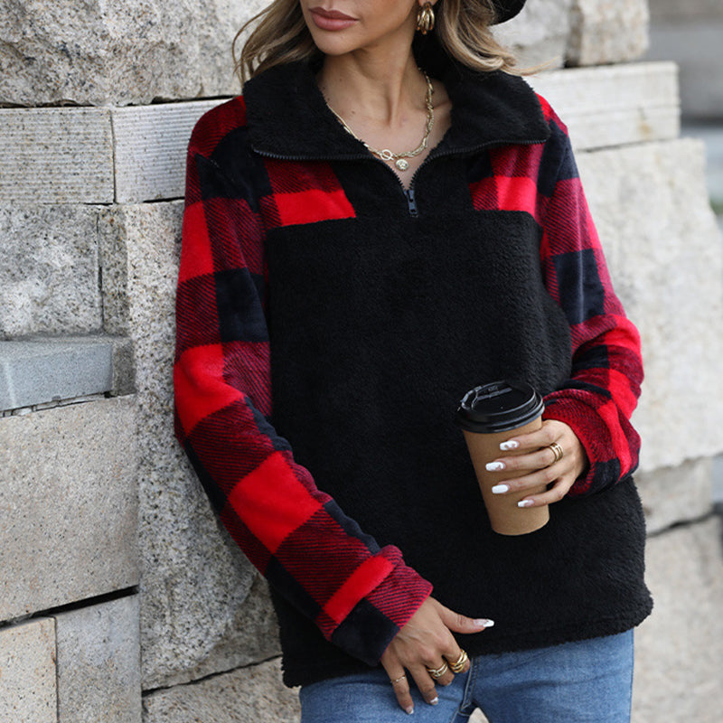 Women's Long Sleeve Top Plaid Quarter Zip Sweatshirt