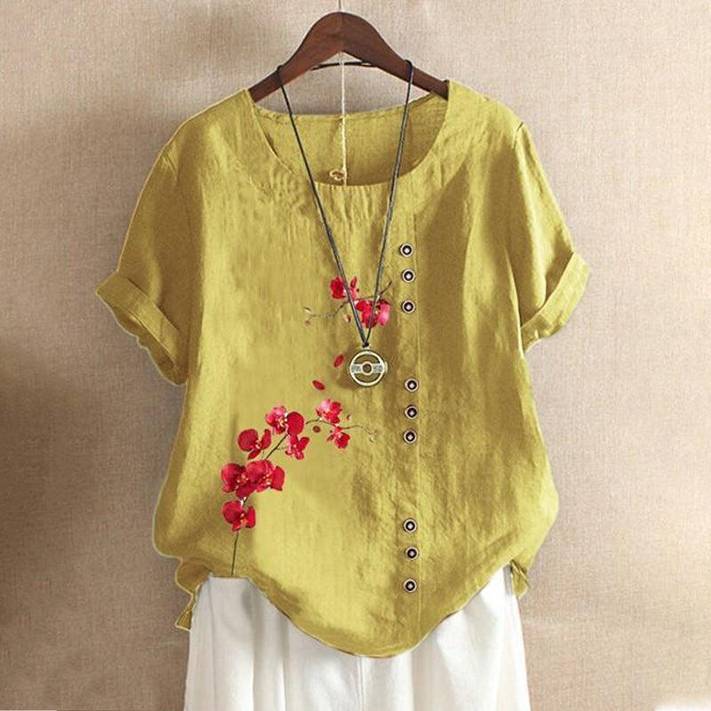 Women Cotton Linen Crew Neck Short Sleeve Tunic