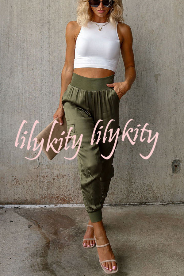 Lilykity Luxe Look Satin High Waist Pocketed Joggers