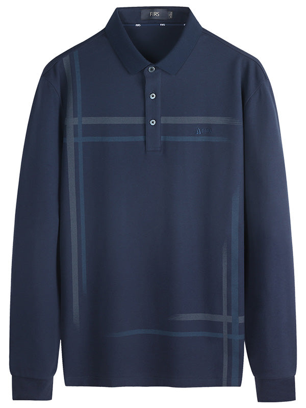Men's Striped Long-Sleeve Casual Elastic Lapel Polo Shirt