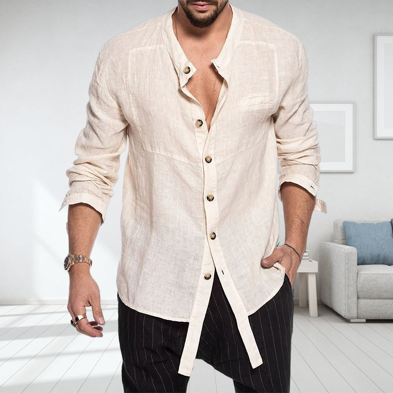 Stand Collar Linen Long Sleeve Shirt