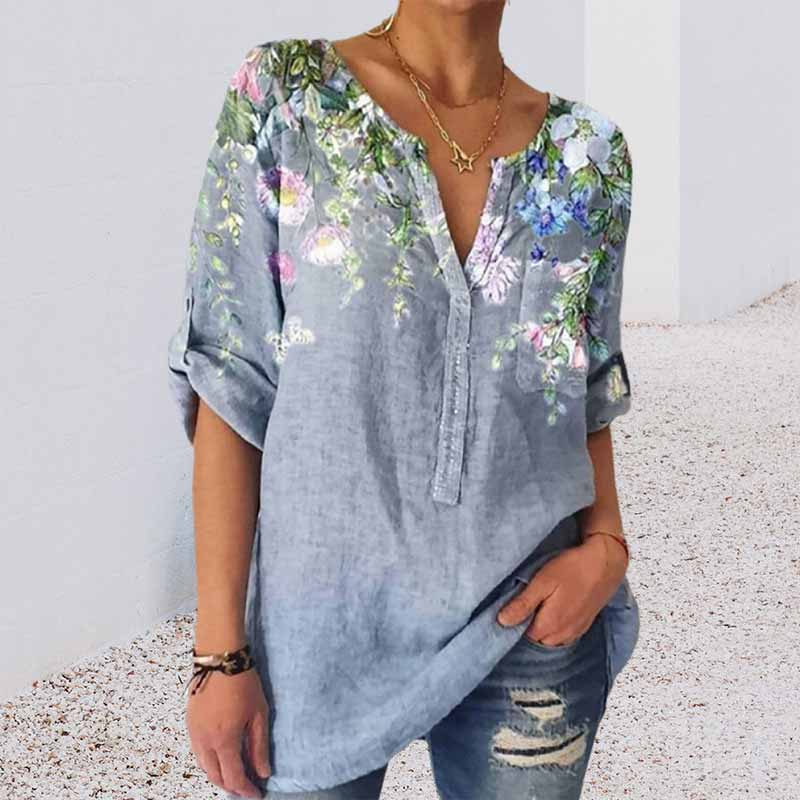 Loose Print V-Neck 3/4 Sleeve Shirt