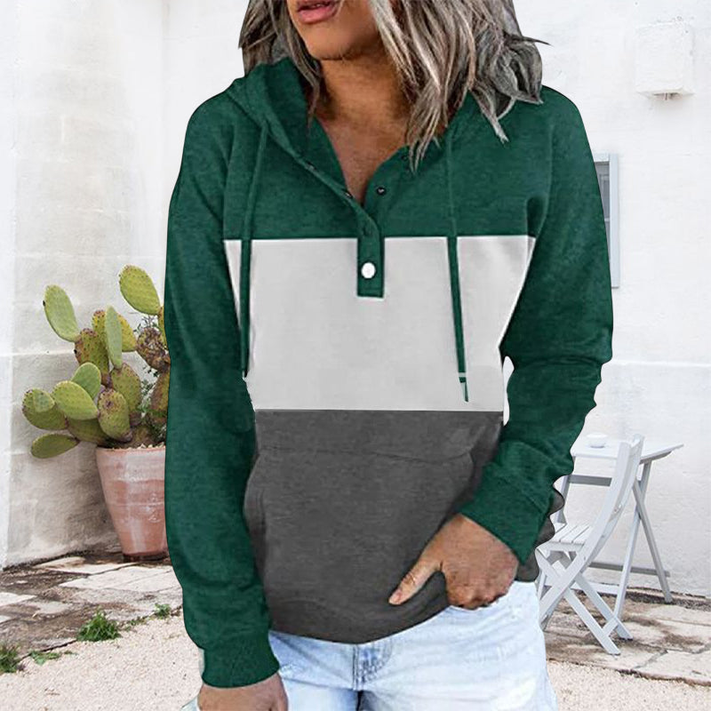 Ladies Colorblock Fleece V-Neck Hooded Drawstring Pullover Sweatshirt