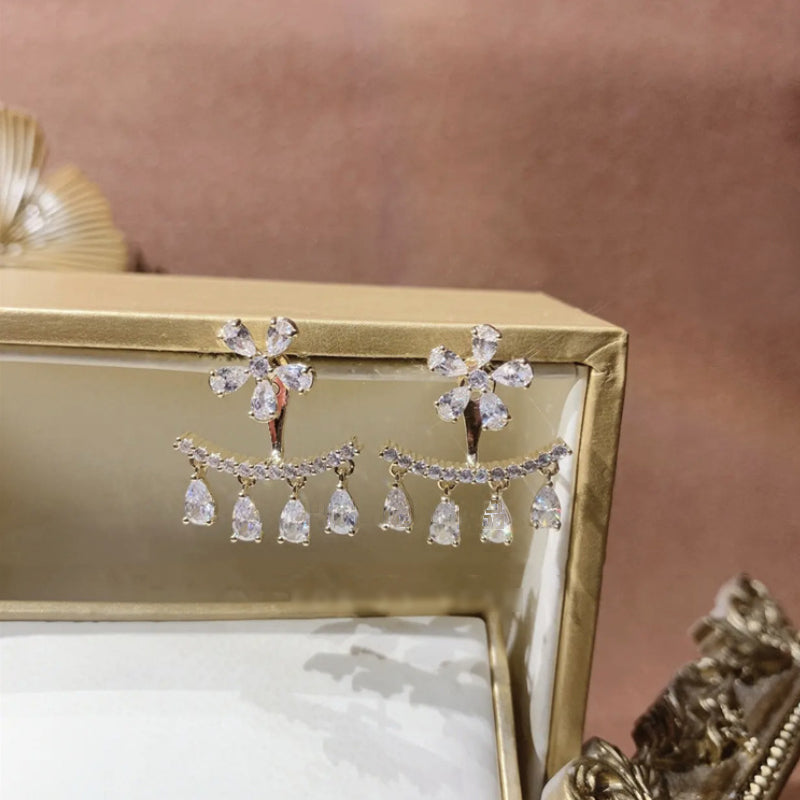 Flower Zircon Tassel Stud Earrings