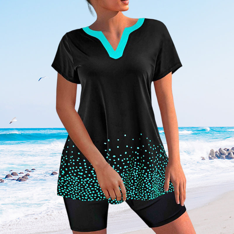 Conservative V Neck Polka Dot Swimsuit