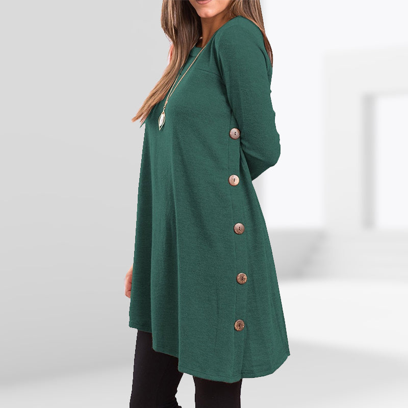 Women's Long Sleeve Scoop Neck Button Side Sweater Tunic Dress