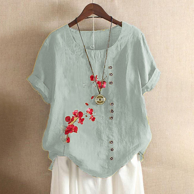 Women Cotton Linen Crew Neck Short Sleeve Tunic