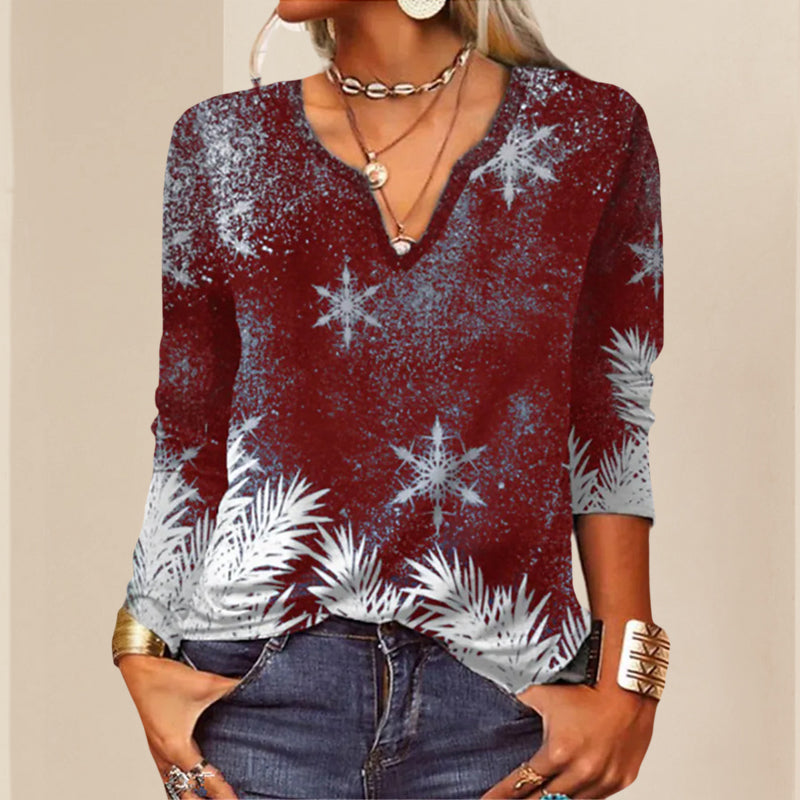 Long Sleeve Floral Christmas V-Neck Button T-Shirt