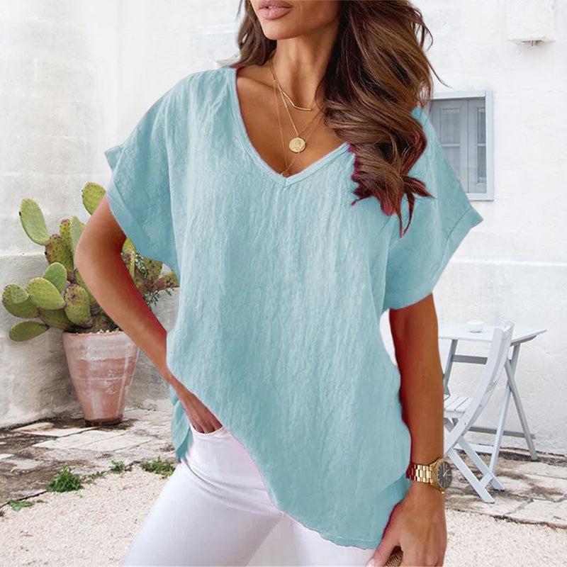 V-neck Cotton and Linen Shirt