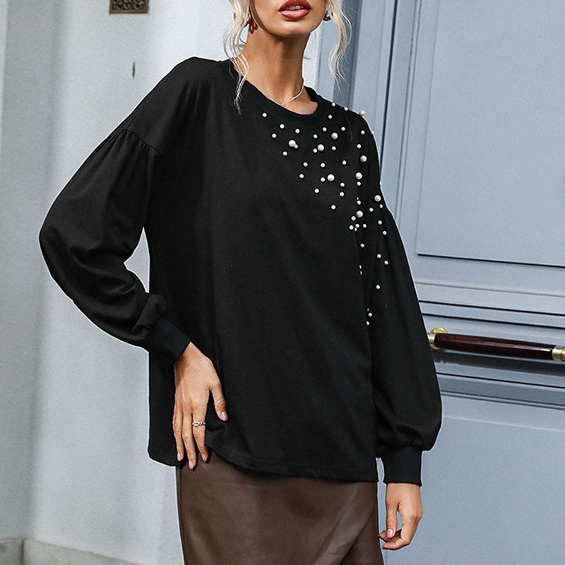 Beaded Crew Neck Knit Balloon Sleeve Top