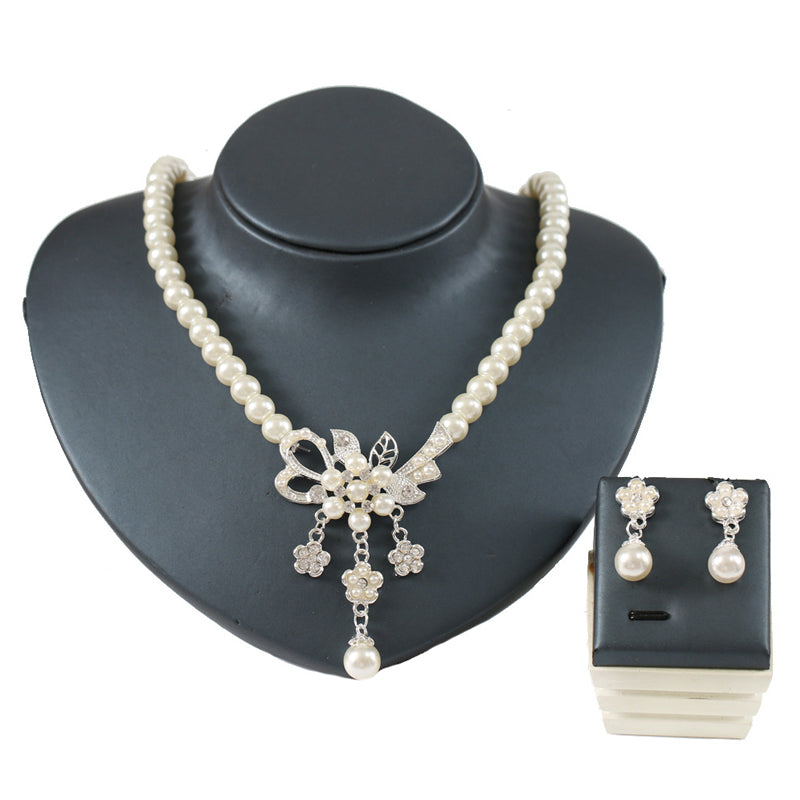 Crystal Diamond Pearl Necklace and Earring Set