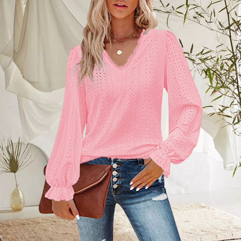 Women's V-Neck Cutout Casual Pleated Sleeve Top Shirt