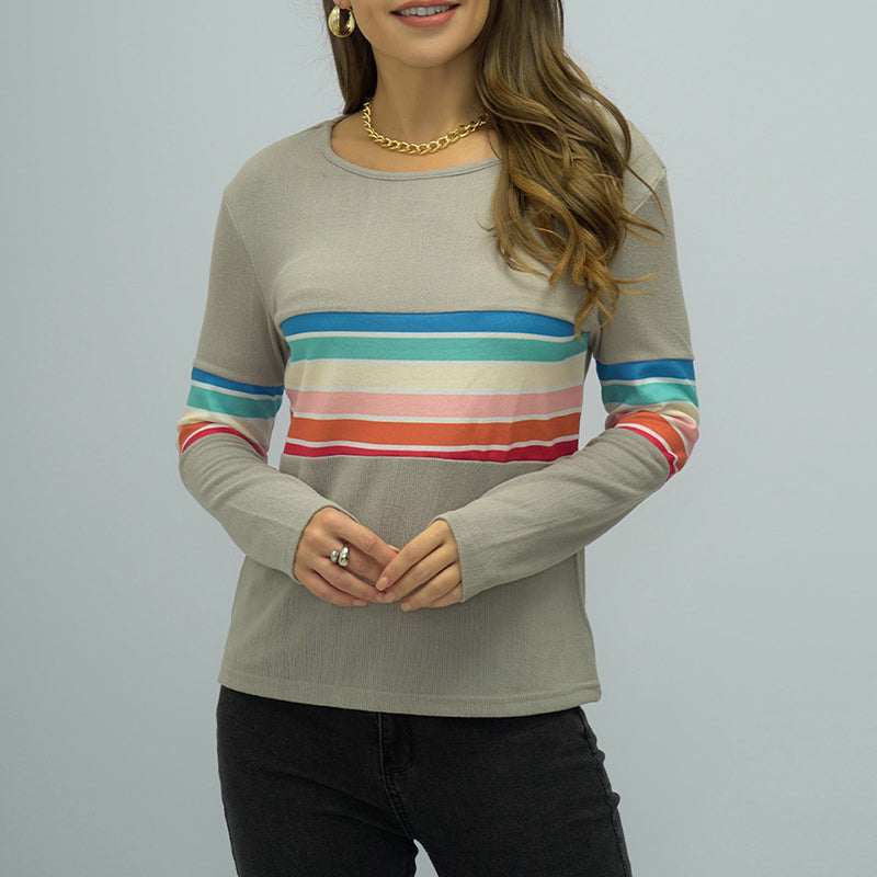 Crew Neck Long Sleeve Rainbow Stripe Panel T-Shirt