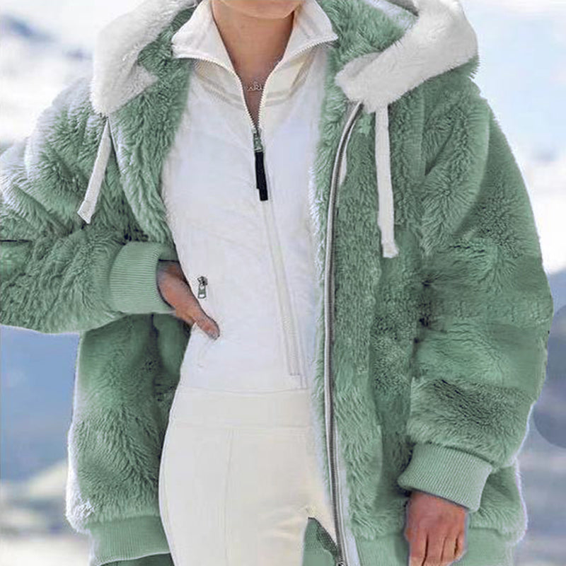 Women Loose plush zipper hooded jacket
