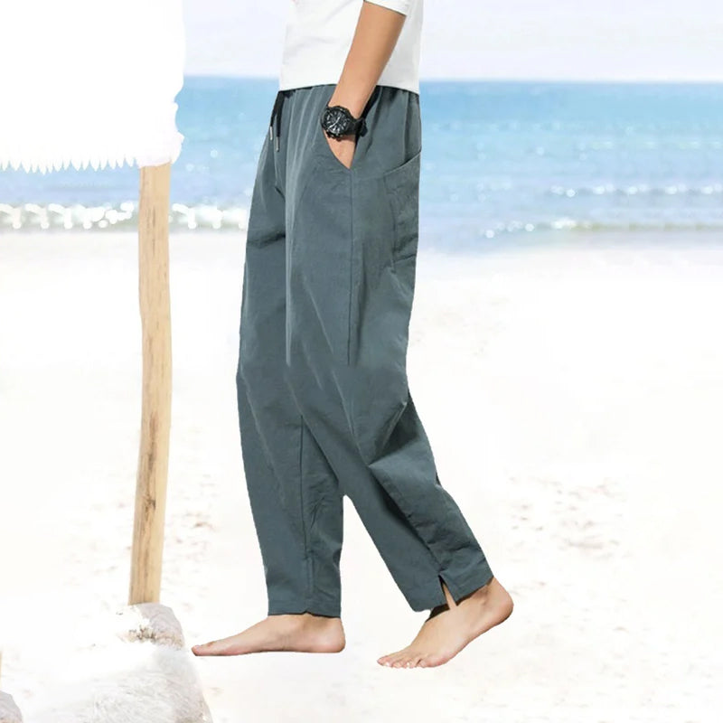 Men's Solid Color Patchwork Cotton Linen Trousers