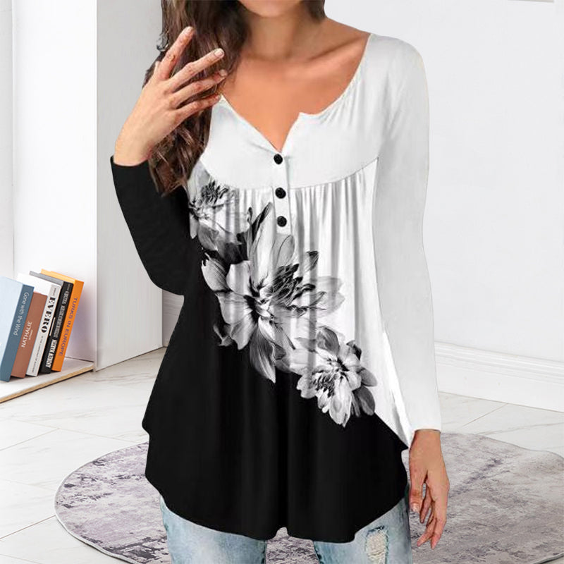 Printed Button Loose Long Sleeve T-Shirt