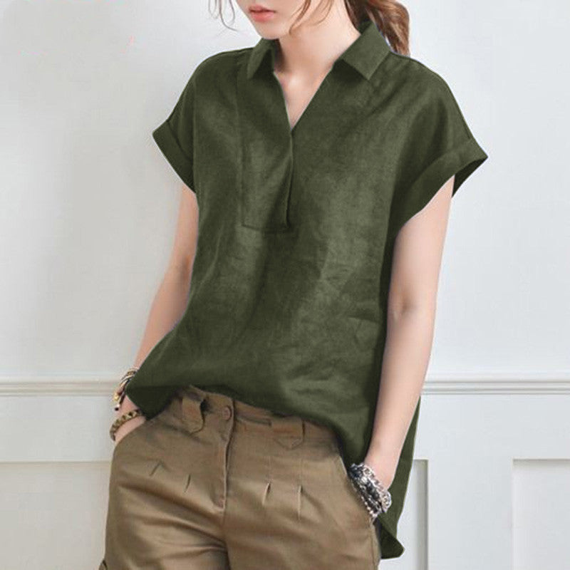 Elegant Loose V-neck Cotton Linen Short Sleeve Shirt