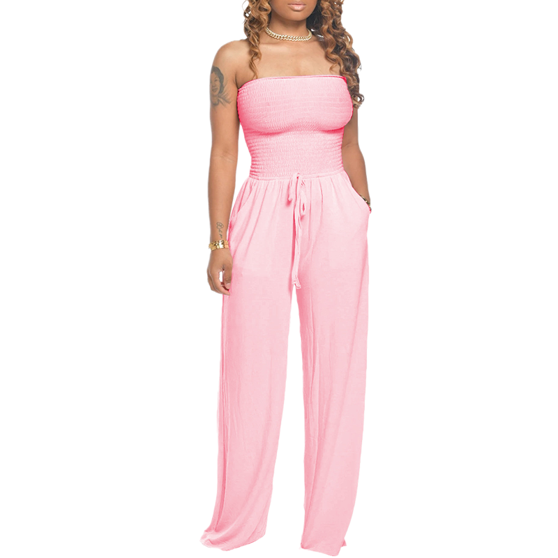 Asymmetric Solid Color Smocked Jumpsuit