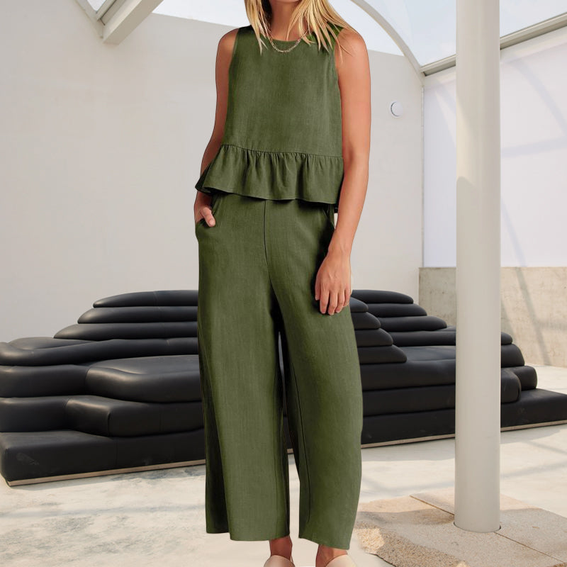 Women Sleeveless pleated tank top wide leg pants set