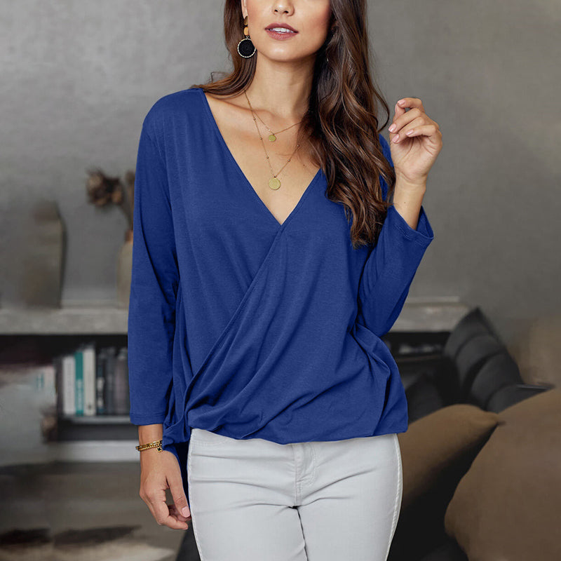 V-Neck Long Sleeve Pleated Loose Chiffon Shirt