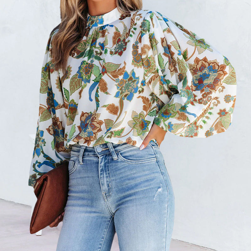 Stand Collar Balloon Sleeve Shirt