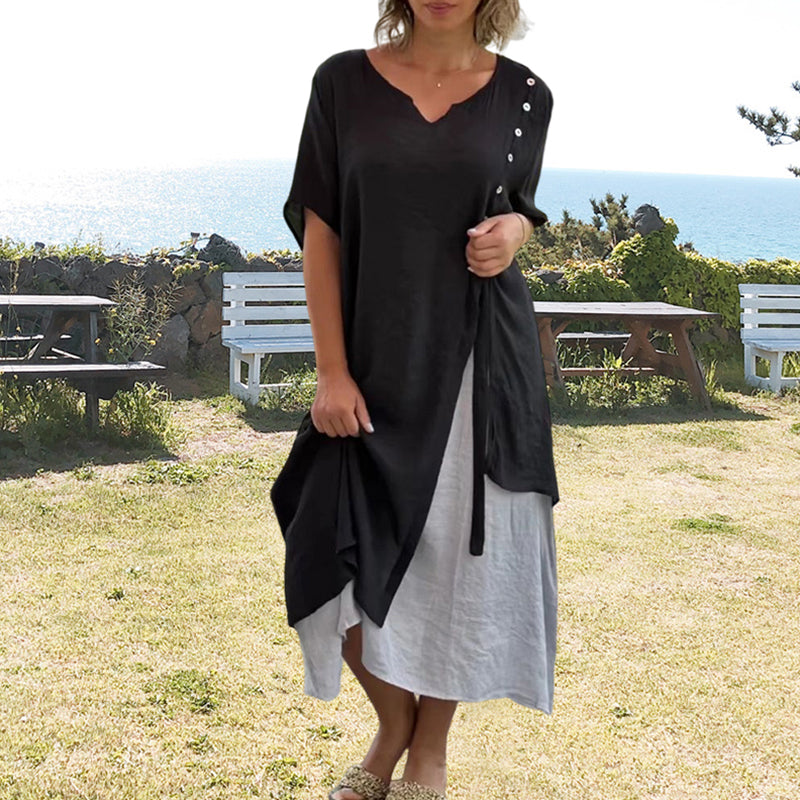 Asymmetrical Dress with Short Sleeves and V-neck