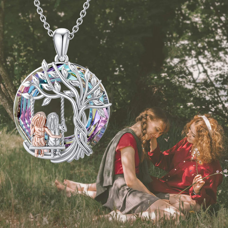 Tree of Life Sister on the Swing Crystal Pendant Necklace