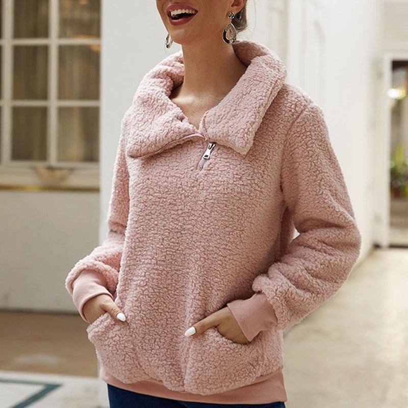 Lamb Fleece Asymmetric Lapel Pullover Solid Color Thickened Sweater