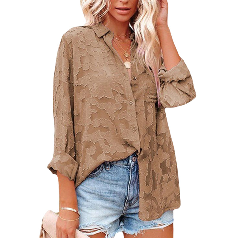 Solid Color Cutout Chiffon Jacquard Button Long Sleeve Shirt