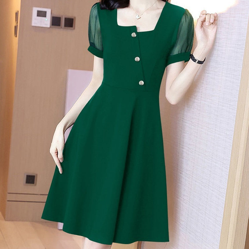 Square Neck Mesh Short Sleeve Dress