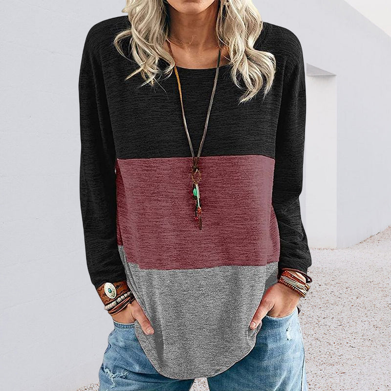 Round Neck Pullover Contrast Long Sleeve T-Shirt