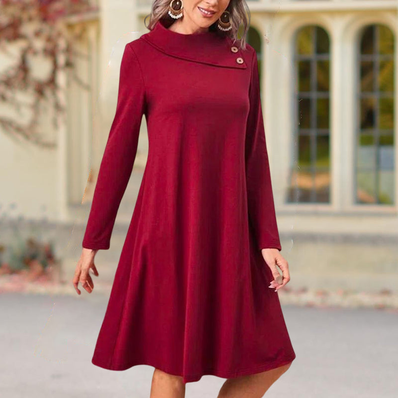 Solid Color Christmas Dress with Elegant Buttons