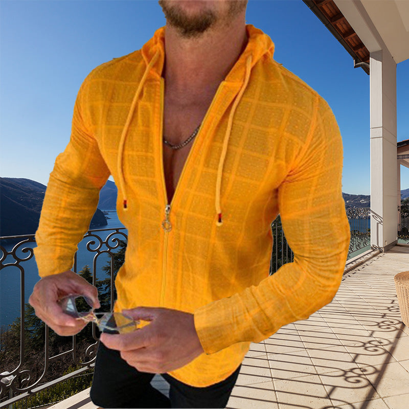Casual Long-sleeved Shirt Hooded Fitting Cardigan Zipped Cardigan Shirt