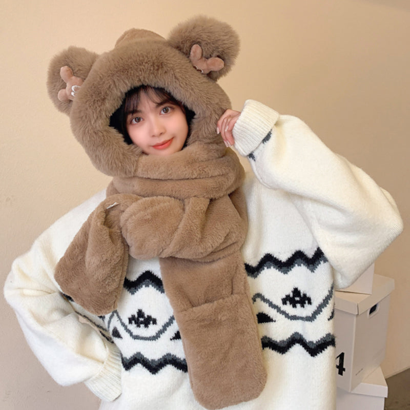 Warm Bear Hoodie Hat/Scarf/Gloves Set for Women