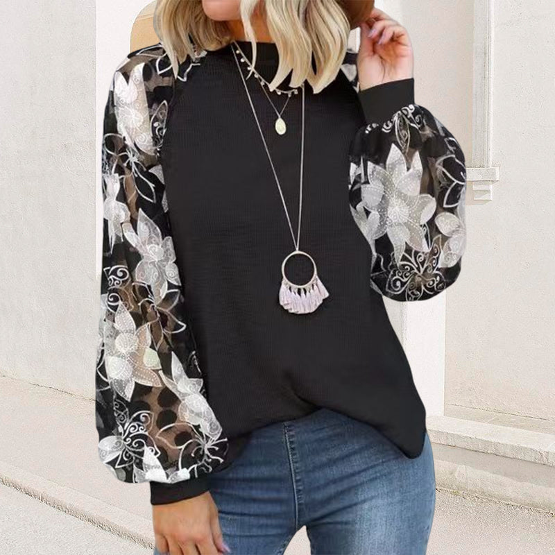 Crew Neck Long Sleeve Print Panel Loose T-Shirt