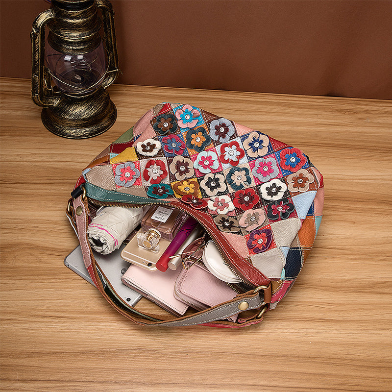 Multi-Color Floral Genuine Leather Boston Bag