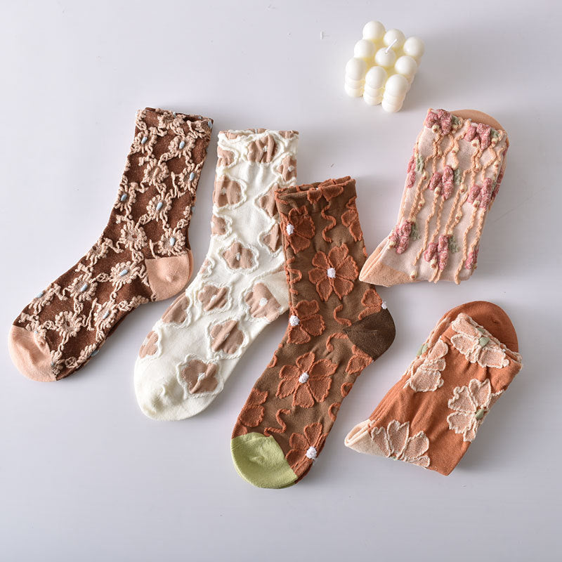 Women's Elegant Embossed Floral Cotton Socks